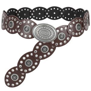 5368 Women Disc Concho Leather Belt Western Cowgirl Hollow Belt Vintage Boho